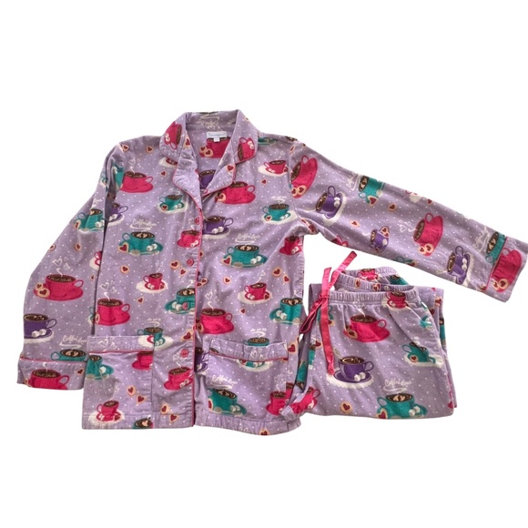 Pajamagram Size SM 2pc Pajama Set Cotton Flannel Coffee Love Purple & Pink - Picture 1 of 9